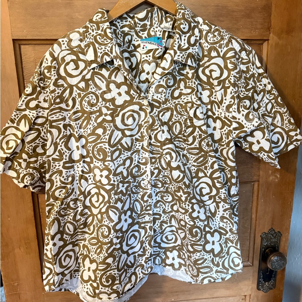 Olive and White Floral Button Down Shirt